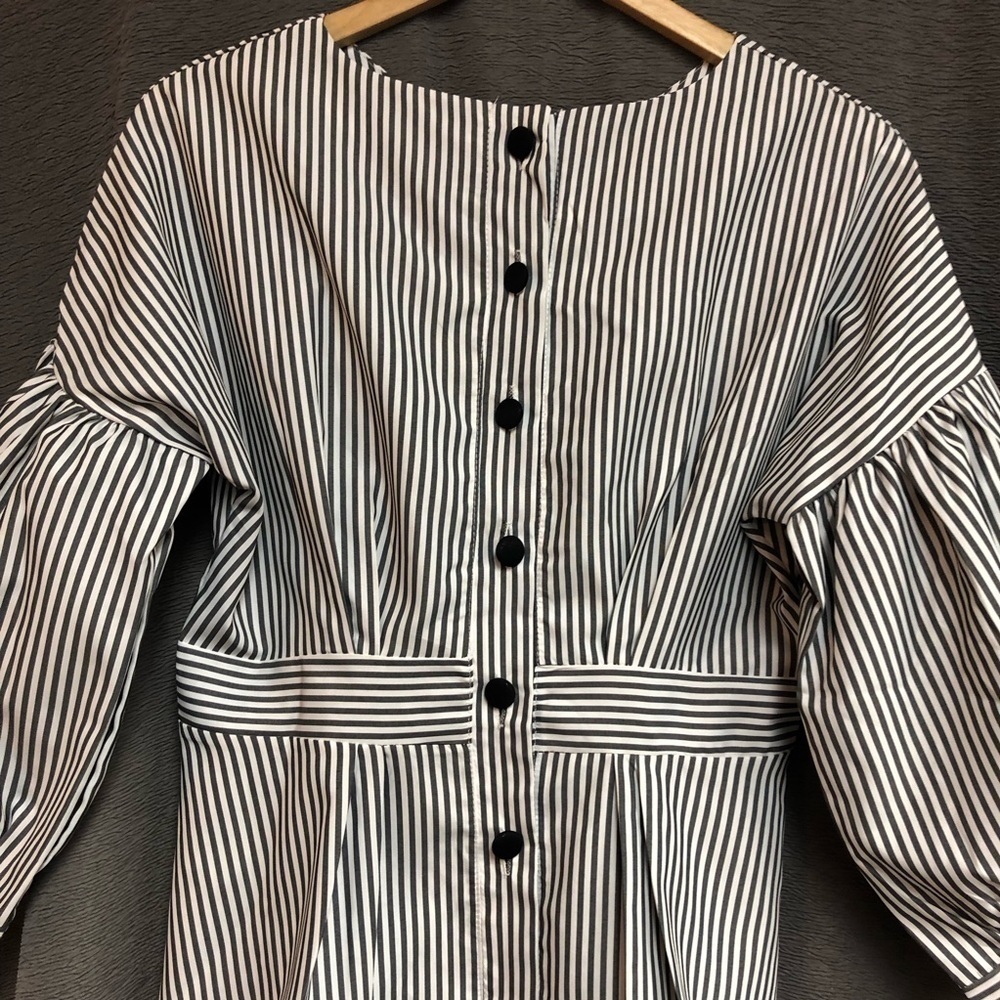 White and gray striped dressy blouse with buttons up the back, waistband - Picture 8 of 12